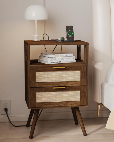 Walnut brown rattan nightstand - rattan,