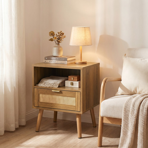 Rattan nightstand with - , walnut